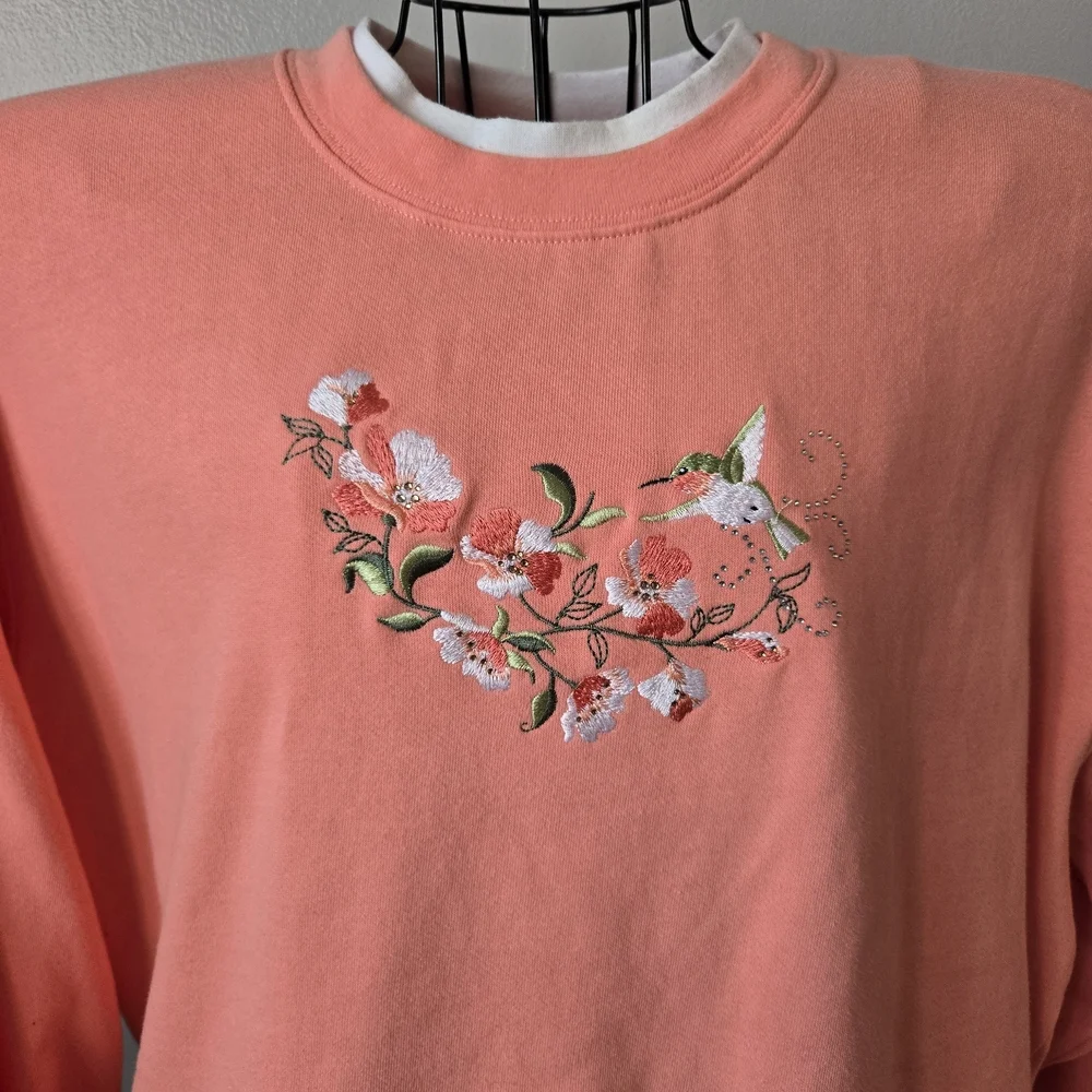 Morning Sun Cottagecore Coral Pink Hummingbird Floral Embroidered Sweatshirt